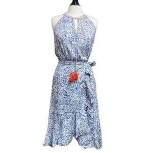 THML Blue Printed Halter Top & Wrap Skirt Set